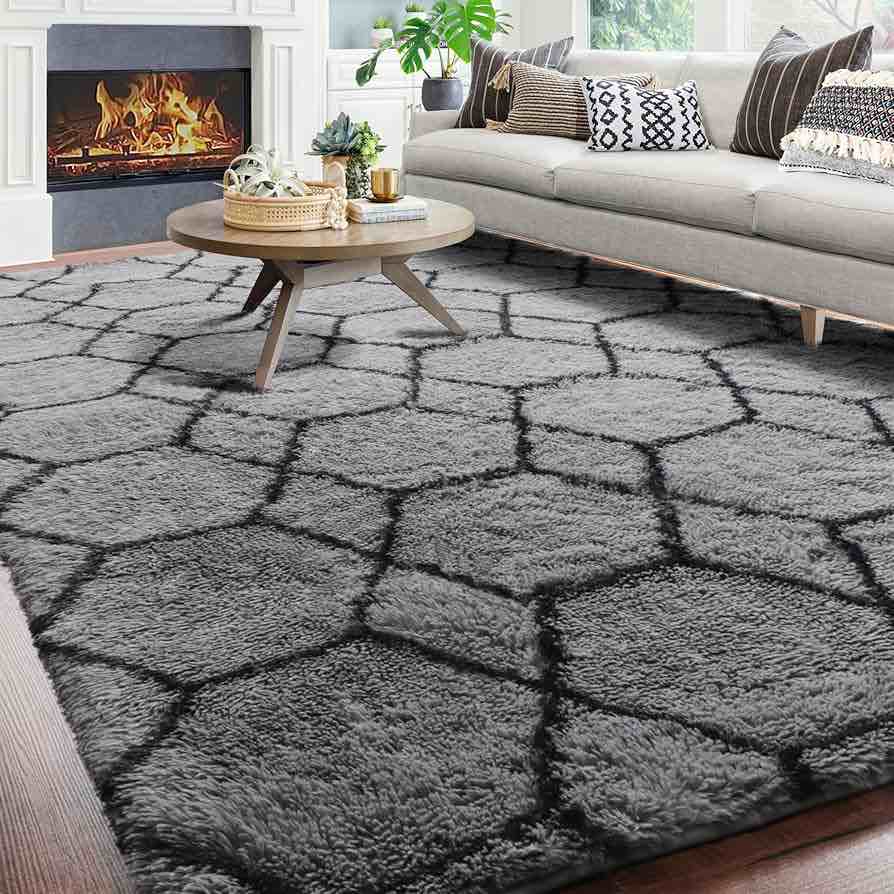 8x10 Area Rugs for Living Room: Grey and Black Fluffy Bedroom Rug- 8x10 Feet Geometric Large Soft Pl
