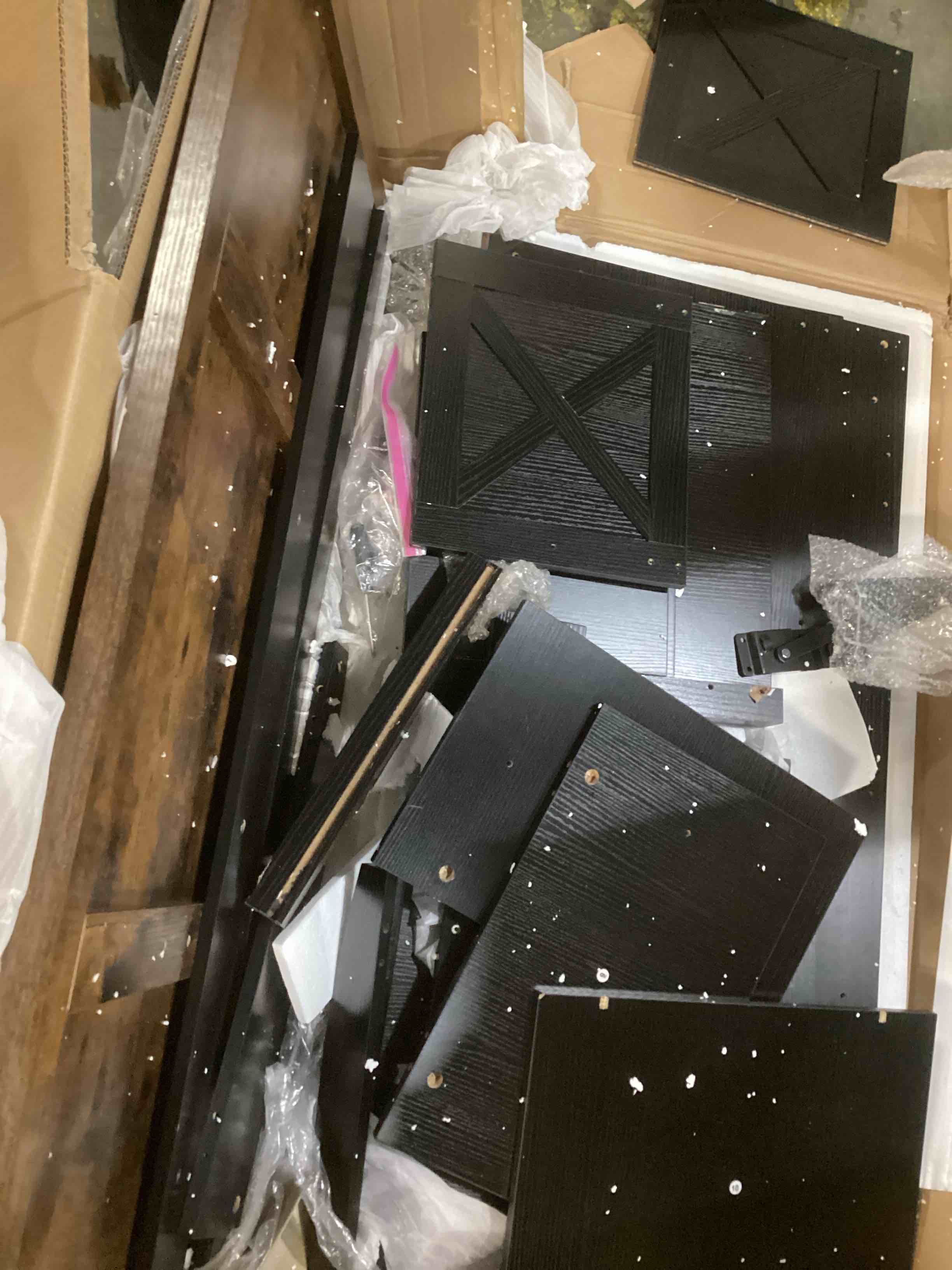 Condition photo showing As Is for  (similar )47.3'' Lift Top Coffee Table Rectangle Farmhouse Coffee Table with Storage Rustic Center Table with Sliding Barn Doors for Living Room, Home, Dark Brown