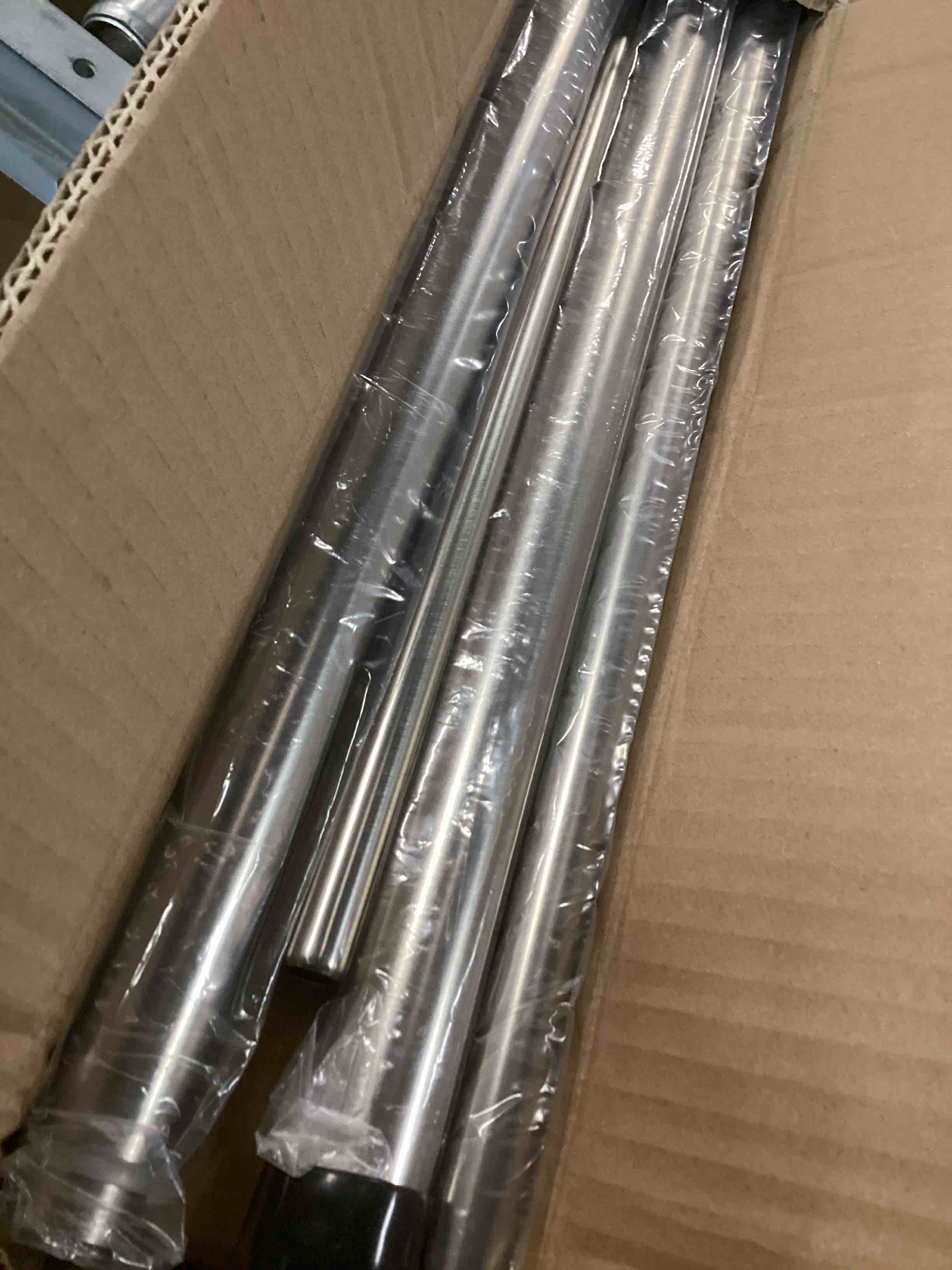 Condition photo showing As Is for Brushed Nickel Double Corner Window Curtain Rods with Aluminum End Cap Finials and Brackets,1 Inch Diameter Dual Bay Window Curtain Rods, Adjustable 2 Sided 20-36" and 36-72" Center Rod 20-36" side rods & 36-72" center rod Brushed Nickel