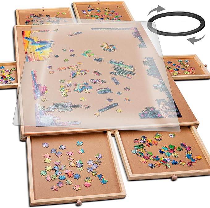 PLAYVIBE Rotating Puzzle Board - 1500 Pieces, 26 x 35 in - 6-Drawer Storage System & Puzzle Table with Drawers - 360-Degree Lazy Susan Rotation for Jigsaws, Christmas Family Games