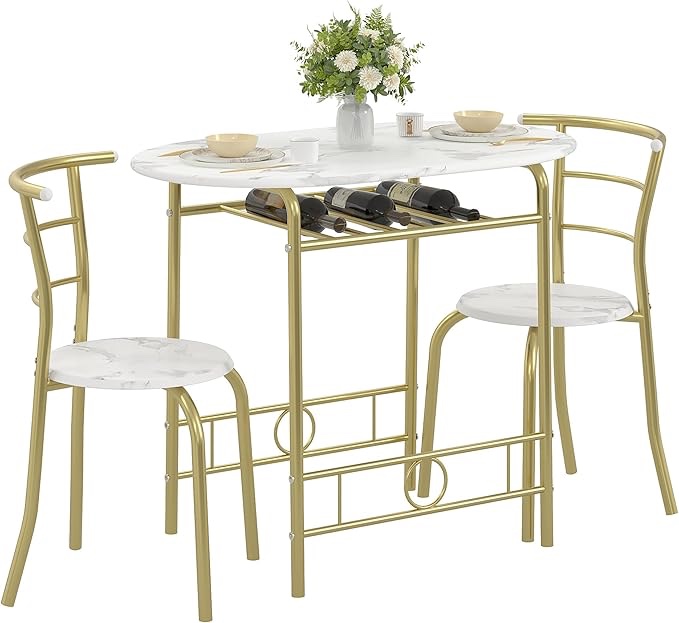 (Incomplete ))VECELO 3-Piece Dining Table Set for Kitchen Breakfast Nook, Wood Grain Oval Tabletop and Metal Frame with Built-in Wine Rack, for Small Spaces, White & Gold White & Gold 31.5 Inch