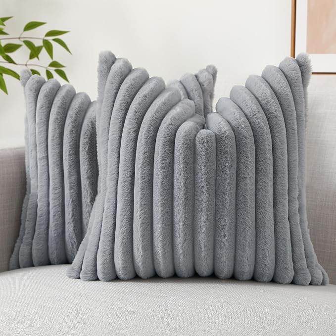 Faux Fur Throw Pillow 18x18 Set of 1,Decorative Soft Plush Striped Couch Pillow Covers with Velvet Back for Sofa, Bed, Living Room, Grey