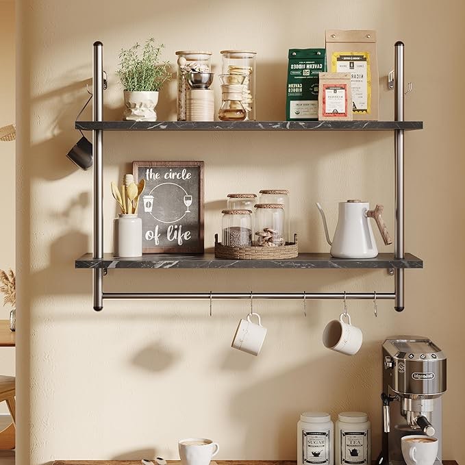 Bestier Industrial Pipe Shelf Bathroom Shelves with Towel Bar, 31 inch Floating Shelves 2 Tier for Wall Storage, Kitchen Wood Wall Mounted Shelf Display Rack for Living Room Bedroom, Black Marble