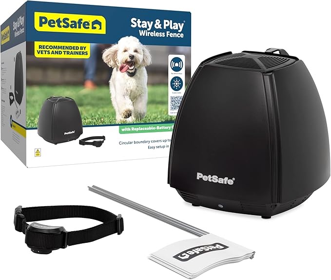 PetSafe Stay & Play Wireless Pet Fence & Replaceable Battery Collar - Circular Boundary Secures up to 3/4 Acre Yard, No-Dig, America's Safest Wireless Fence (Packaging May Vary)