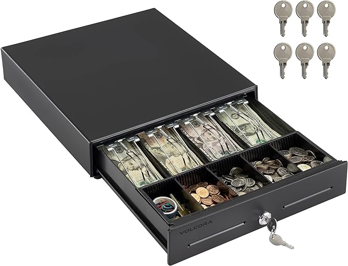 Mini Cash Register Drawer for Point of Sale (POS) System with 4 Bill 5 Coin Cash Tray, Removable Coin Compartment, 24V, RJ11/RJ12 Key-Lock, Media Slot, Black - for Stores, Shops, and Businesses