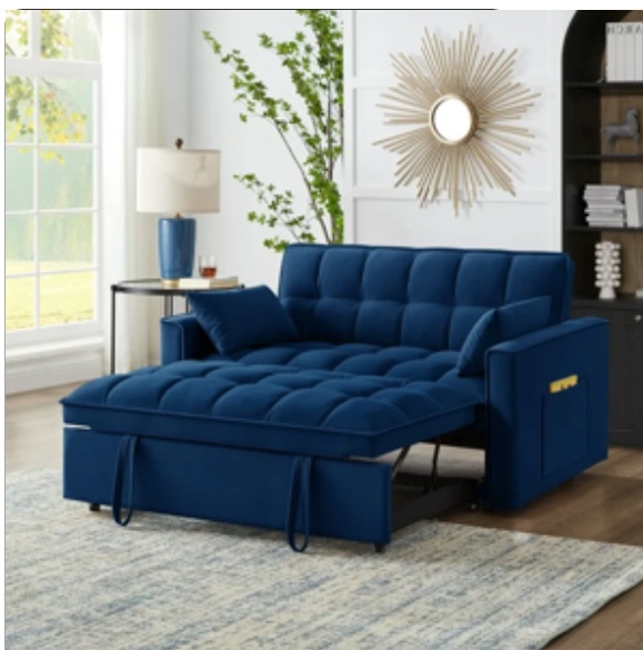 (similar to stock photo)3 in 1 Convertible Sleeper Sofa Bed, 53" Modern Convertible Sofa Bed with 2 Detachable Arm Pockets,Velvet Pull Out Couch with Pull Out Bed for Living Room Furniture,Navy