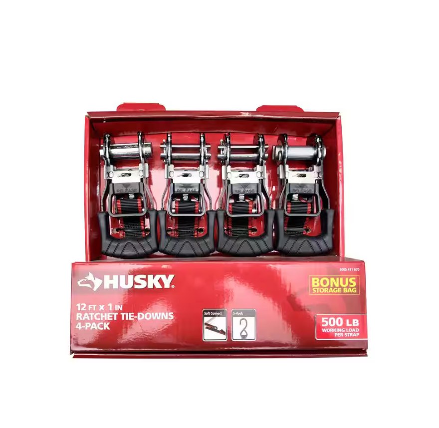 12 ft. x 1 in. ratchet tie-down straps with s-hook (4-pack