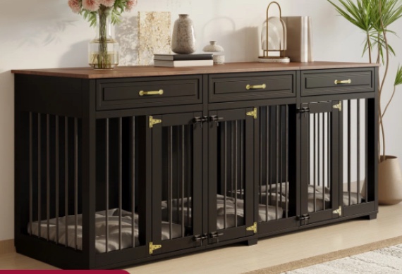 Dog Crate Furniture Indoor Wooden Dog Kennel Furniture With 2 Dividers, 3 Drawers And 3 Doors, 71"X23.6"X31.5"H