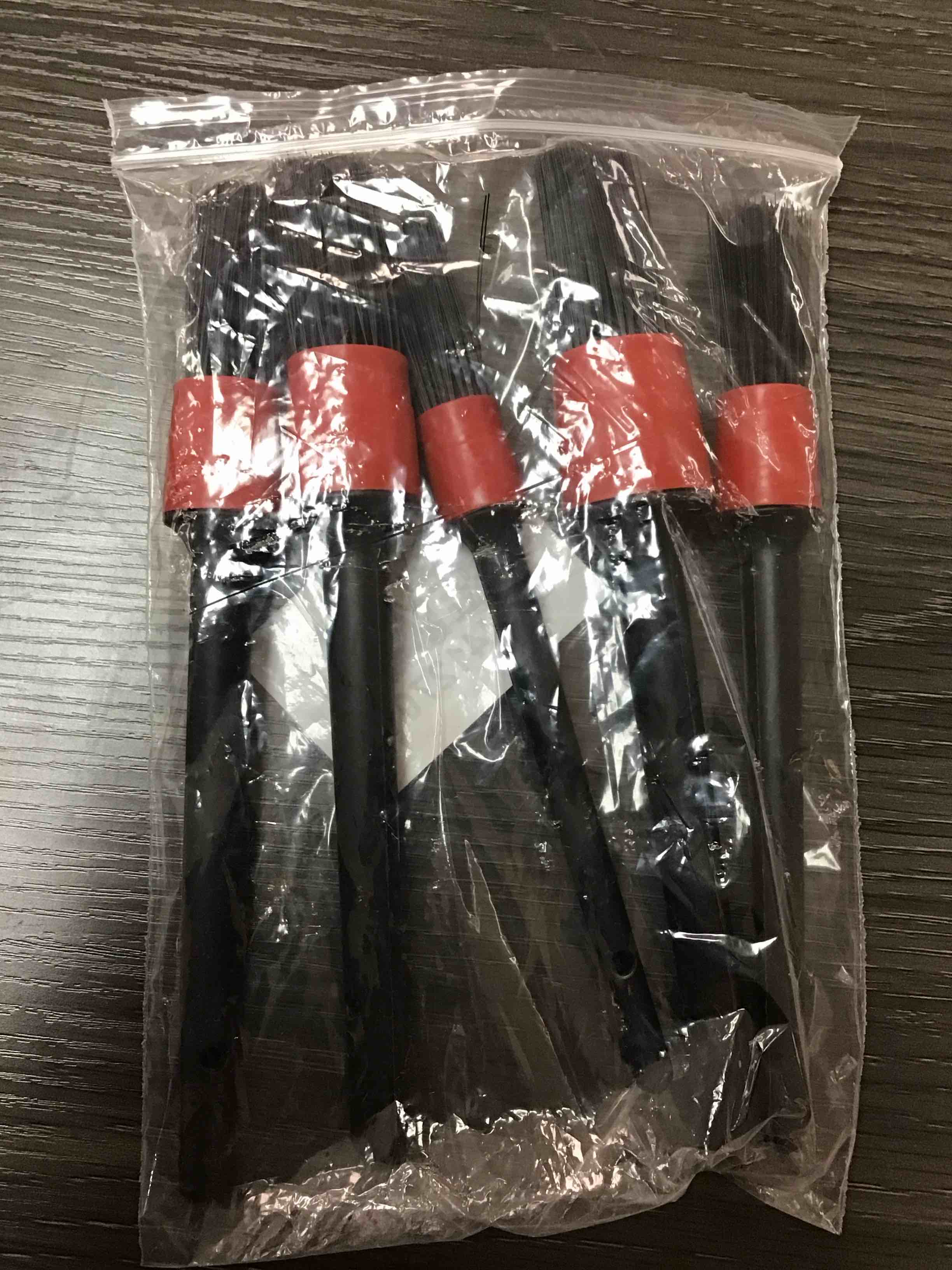 Condition photo showing New/Like New for car detailing brush set of 5 - boar hair, cleaning brush, wheel cleaner brush, car dust brush, car interior leather seat and vent brush, parts cleaner brush