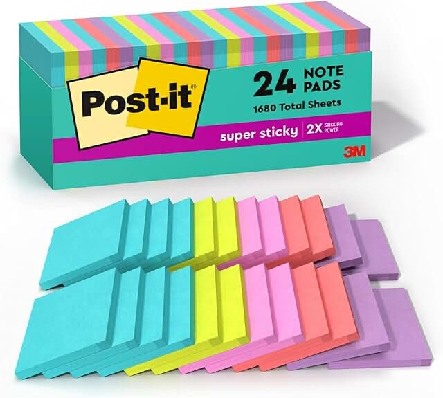 Post-it Super Sticky Notes  Supernova Neons Collection  3 in. x 3 in.  70 Sheets  24 Pads
