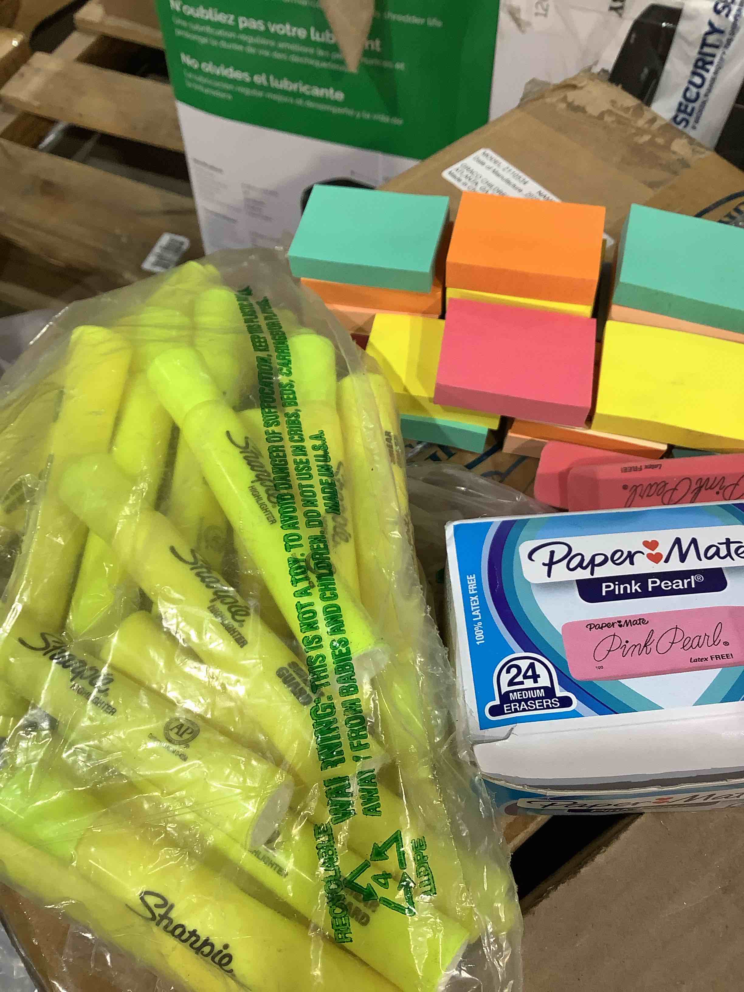 Condition photo showing Good Condition for  assortment of office supplies: post notes, whiteboard eraser, highlighters, papermate erasers