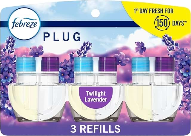 febreze plug in air freshener, odor-fighting scented oil refill, air fresheners for home and bathroom and kitchen, long lasting for strong odors, twilight lavender scent, 0.87oz refills, 3 count