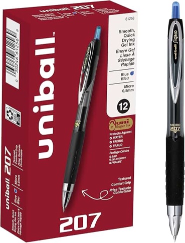 uniball 207 retractable gel pens  micro point (0.5mm)  blue ink  12 count