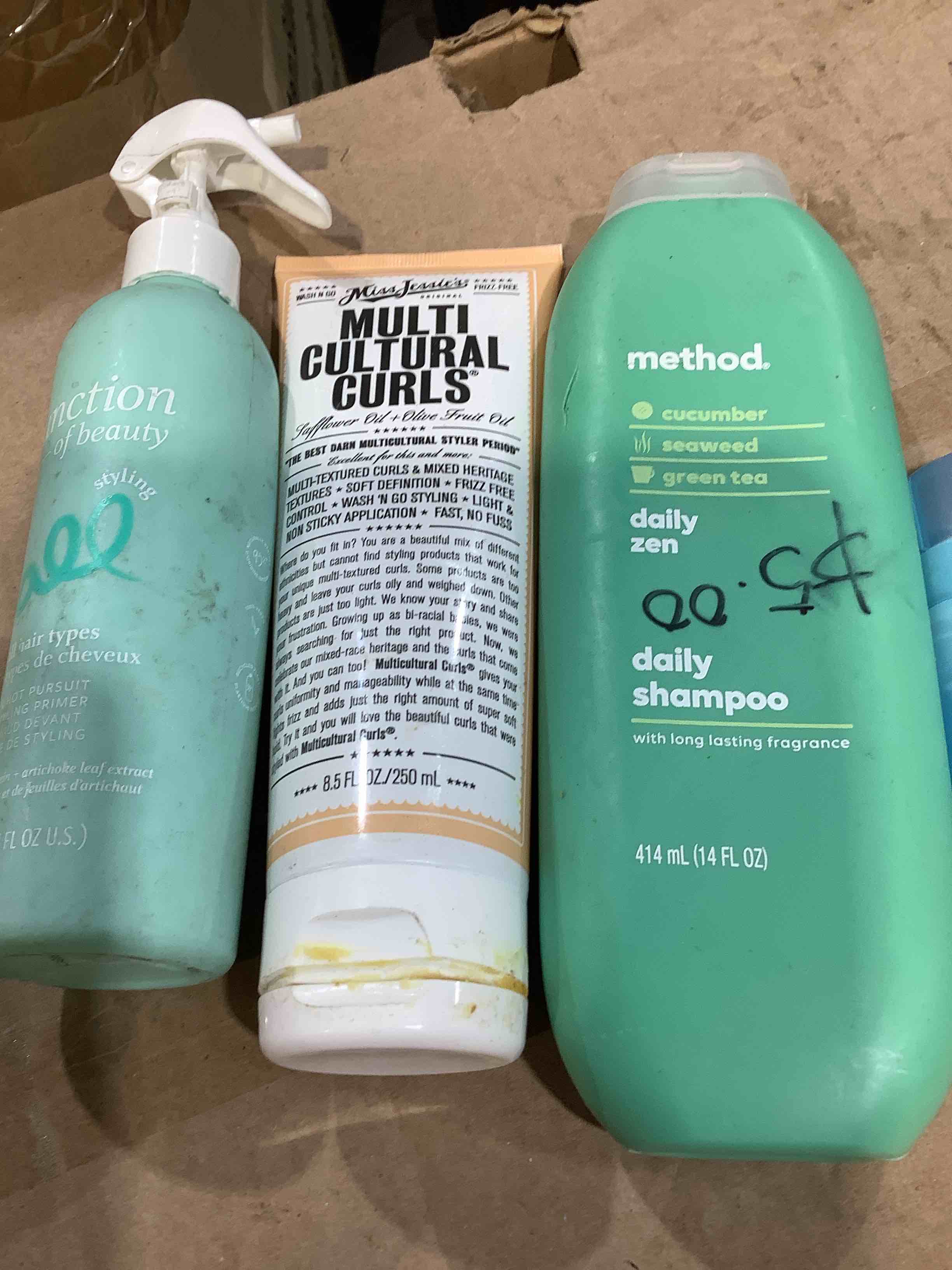 Condition photo showing Good Condition for an assortment of personal items: hairbrush, secret, deodorant, menthol, daily shampoo, functional hair, miss jesse's multi cultural curls