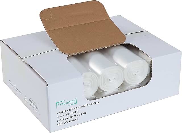 typlastics 40-45 gallon clear trash can liners - 40" x 48" – high density garbage bags - case of 250 – multipurpose for office, outdoor, recycling, industrial and commercial