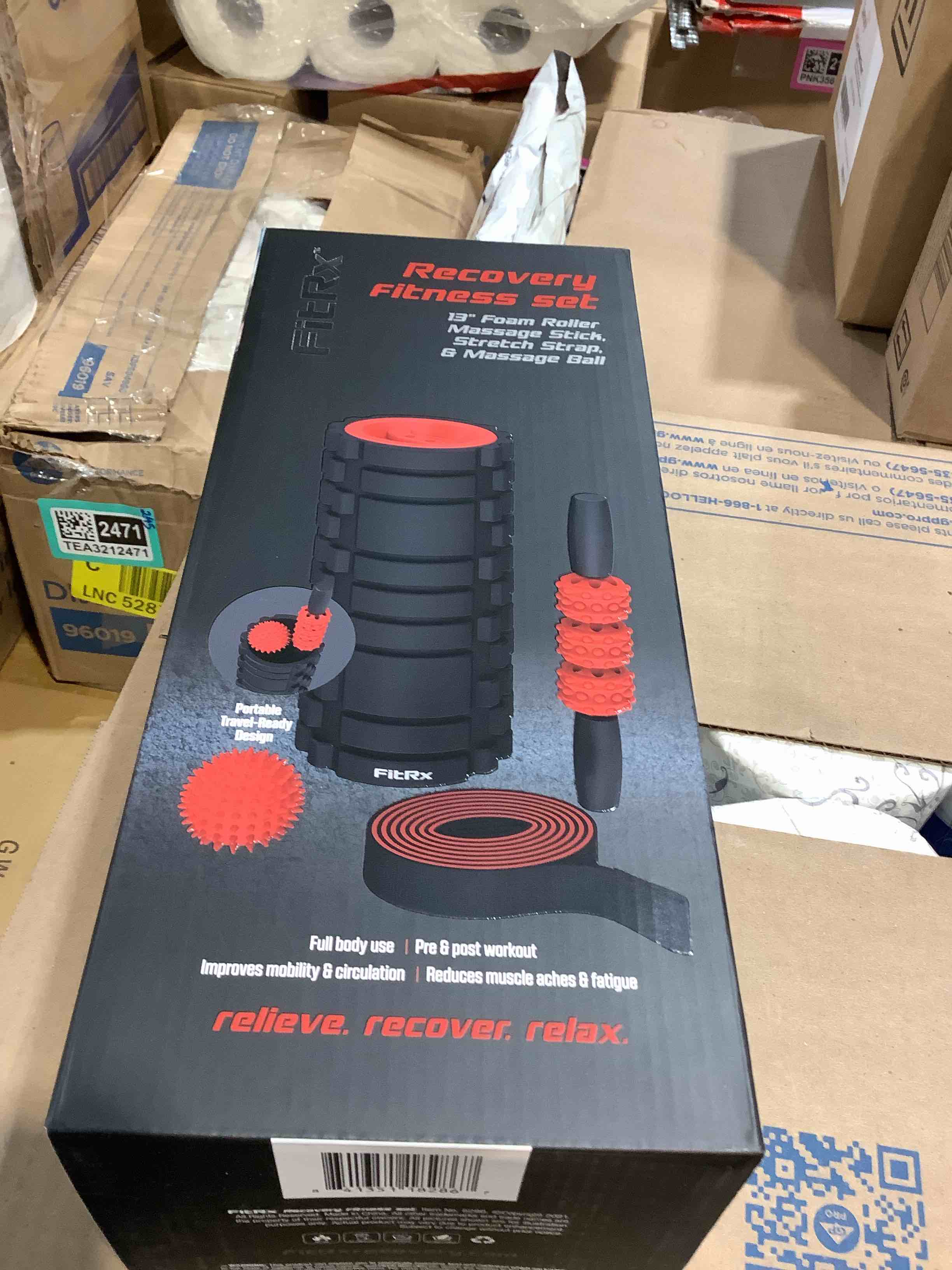 Condition photo showing New/Like New for fitrx recovery fitness set  textured foam roller  massage stick  ball  and stretch strap  black / red