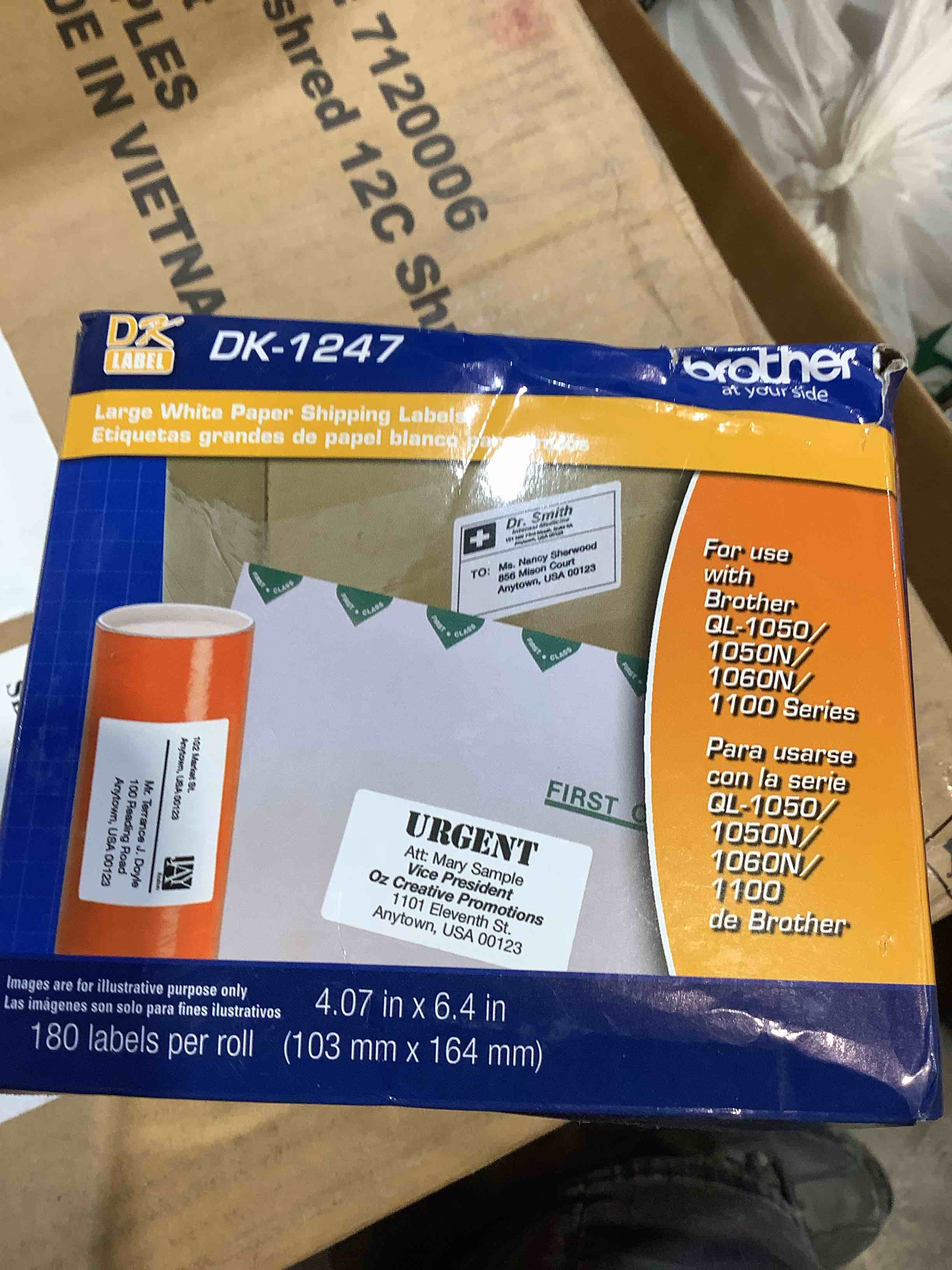 Condition photo showing New/Like New for brother dk1247 label tape 4.07 x 6.4 black on white 180/roll