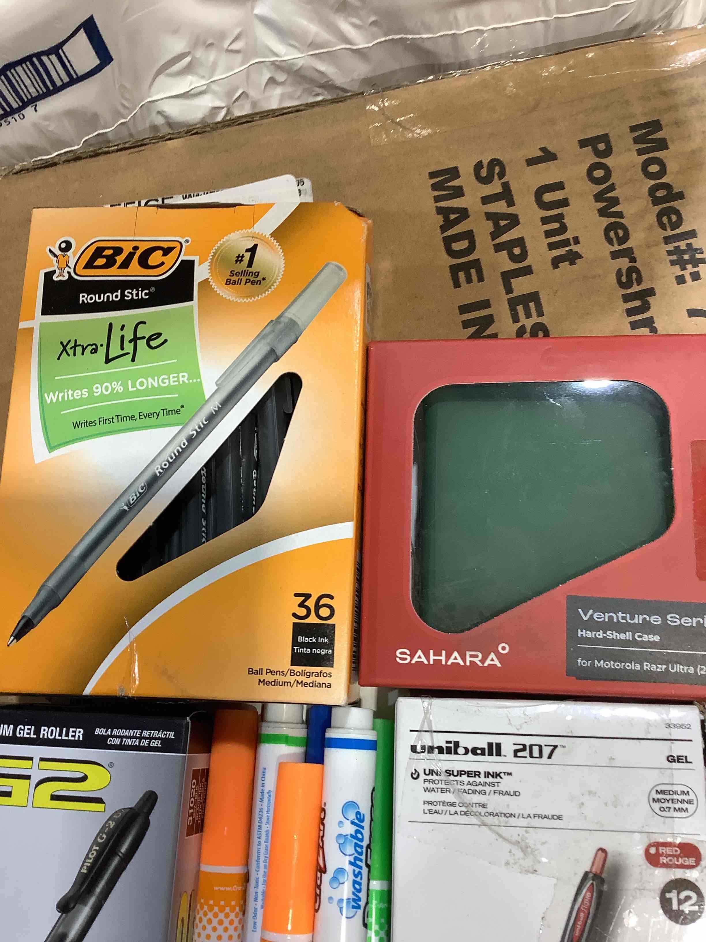 Condition photo showing Good Condition for assortment of office supplies: uni 207 red pens, pilot g2 pen, post it note, sahara venture series case, post it flags, bic long life pens
