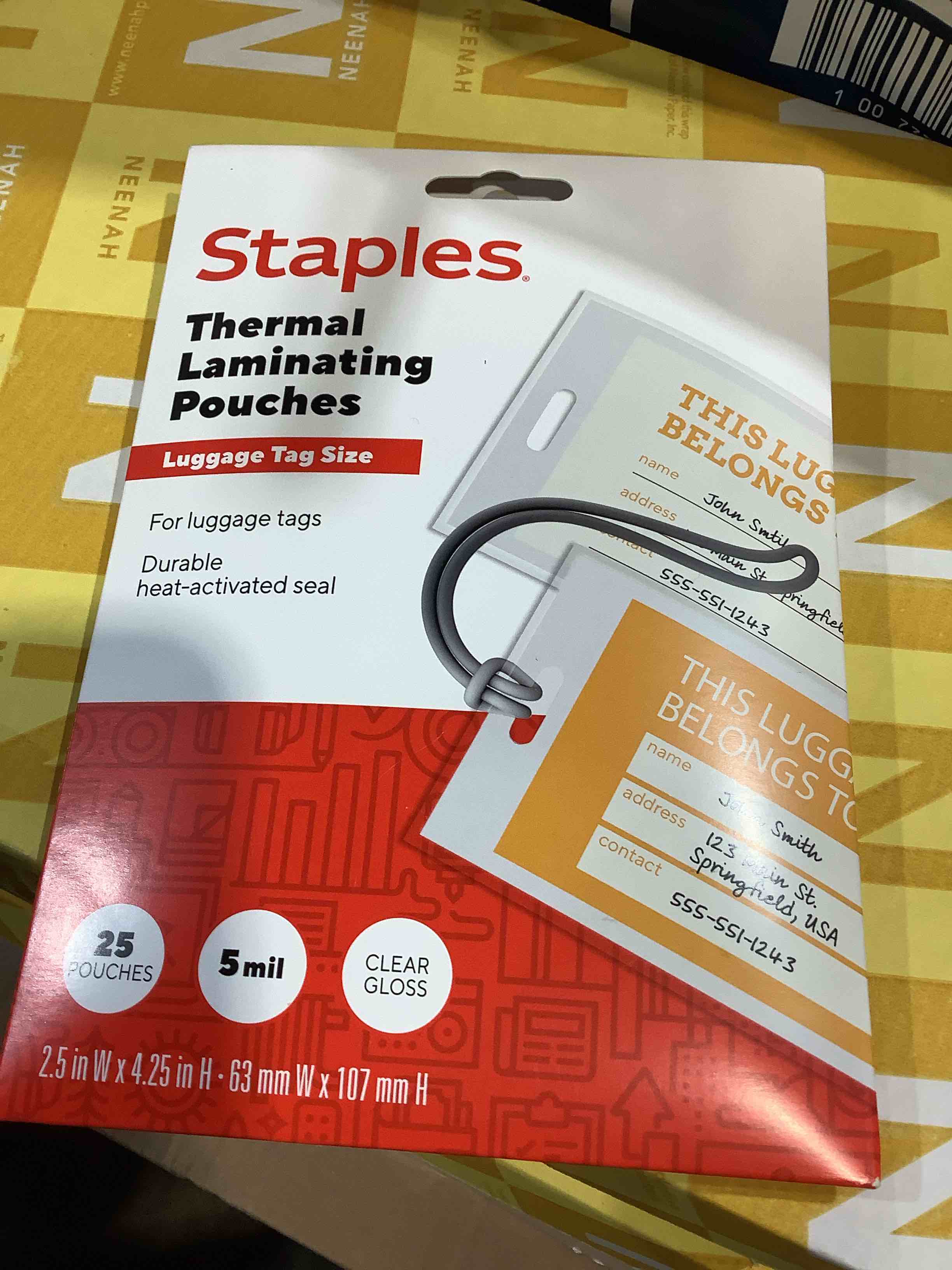 Condition photo showing New/Like New for staples thermal, laminating pouches, luggage tag size, 24 count, 2 1/2 inch wide x 4 1/4 inch high