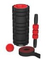 fitrx recovery fitness set  textured foam roller  massage stick  ball  and stretch strap  black / red