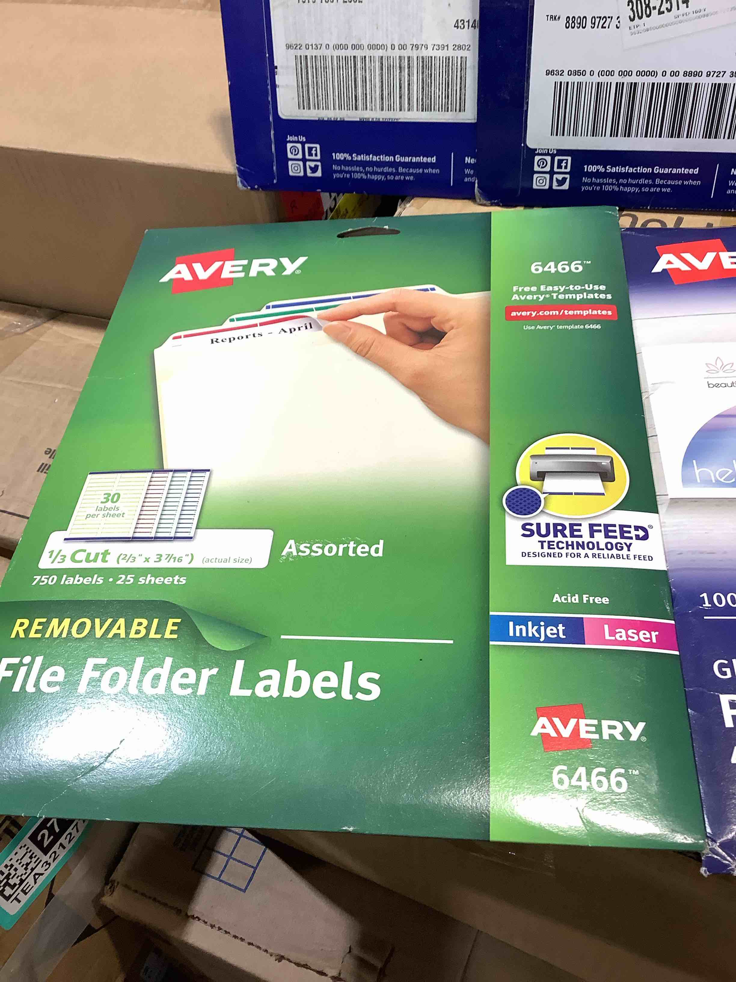 Condition photo showing Good Condition for avery file folder, labels, removable, glossy white, postcards, template labels