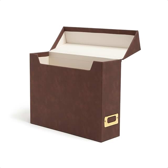smead 40% recycled vegan leather file box attached flip top 10  x 13  saddle (70234)