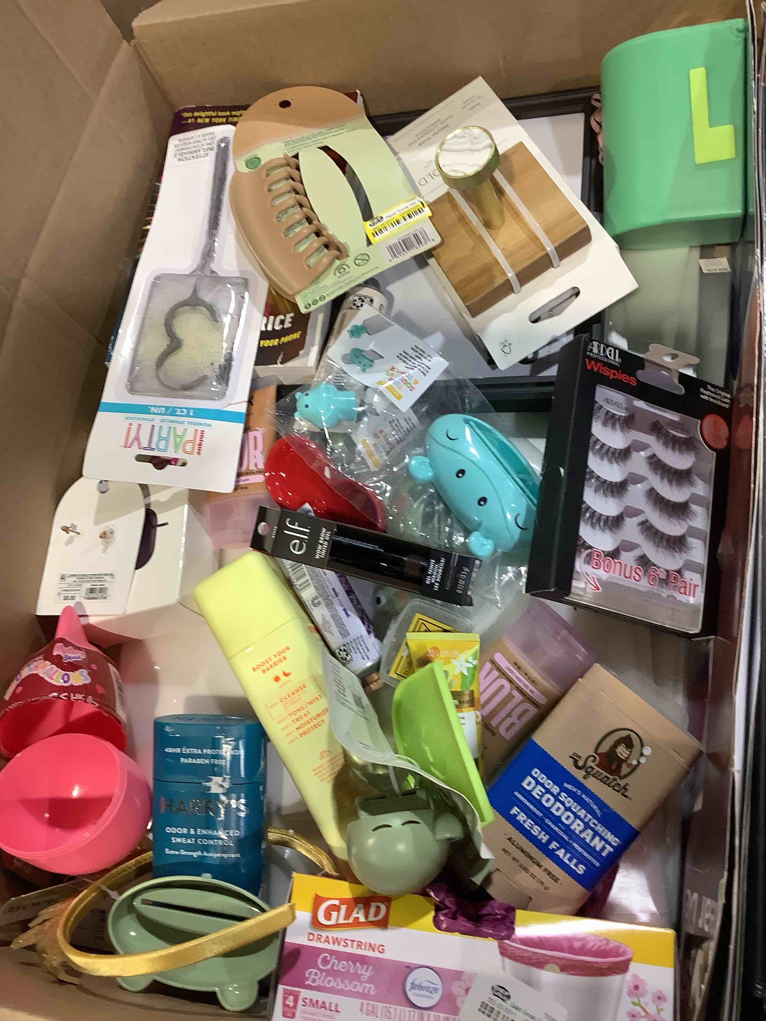 Large Assortment of office and household shower hooks, tape, Make up, toys, picture frame, monarch tags, 10" x 13" night deposit poly bags, organizing bands, black boxes, so much more