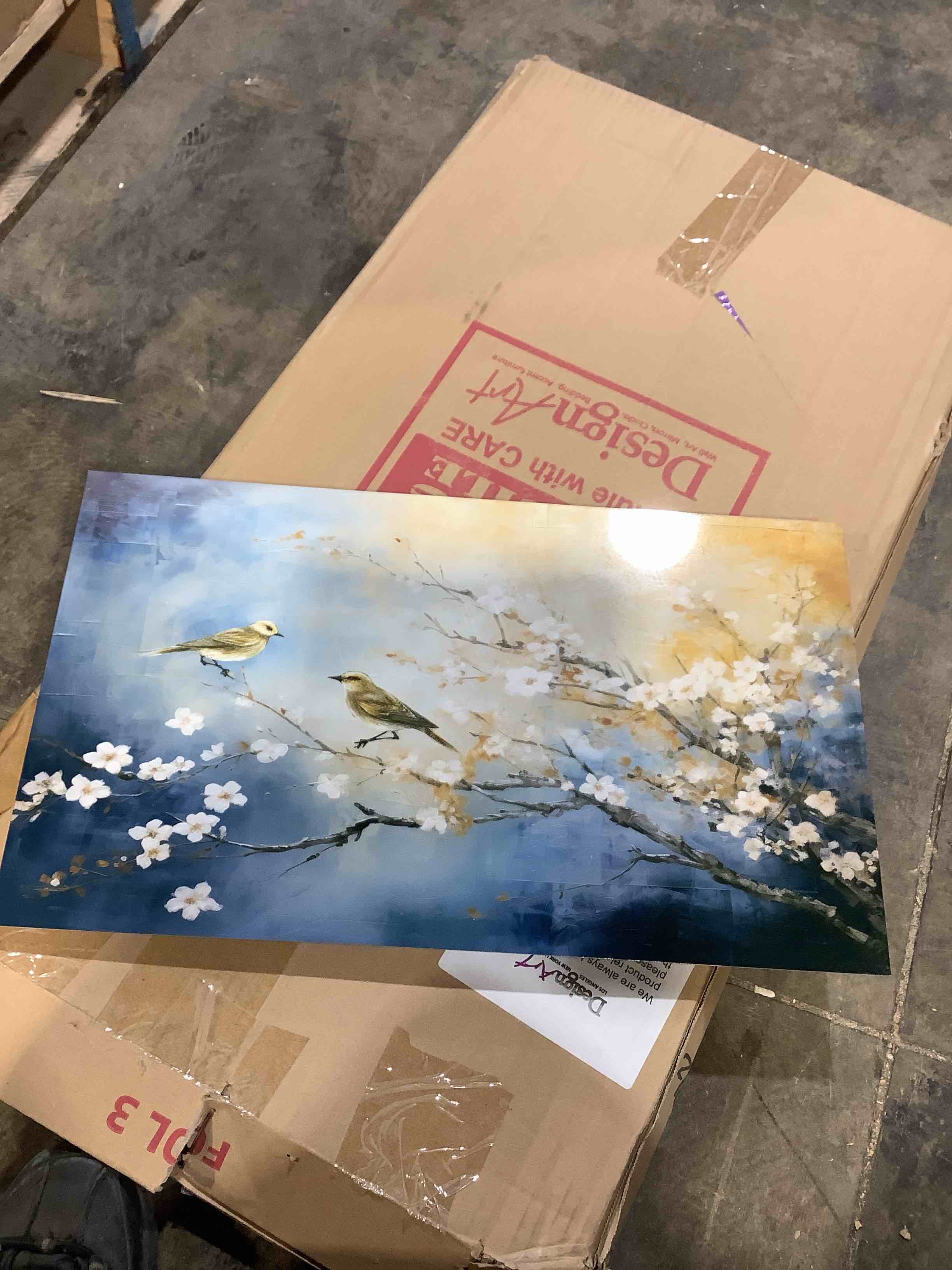 Condition photo showing New/Like New for gold and blue birds on floral tree metal wall art