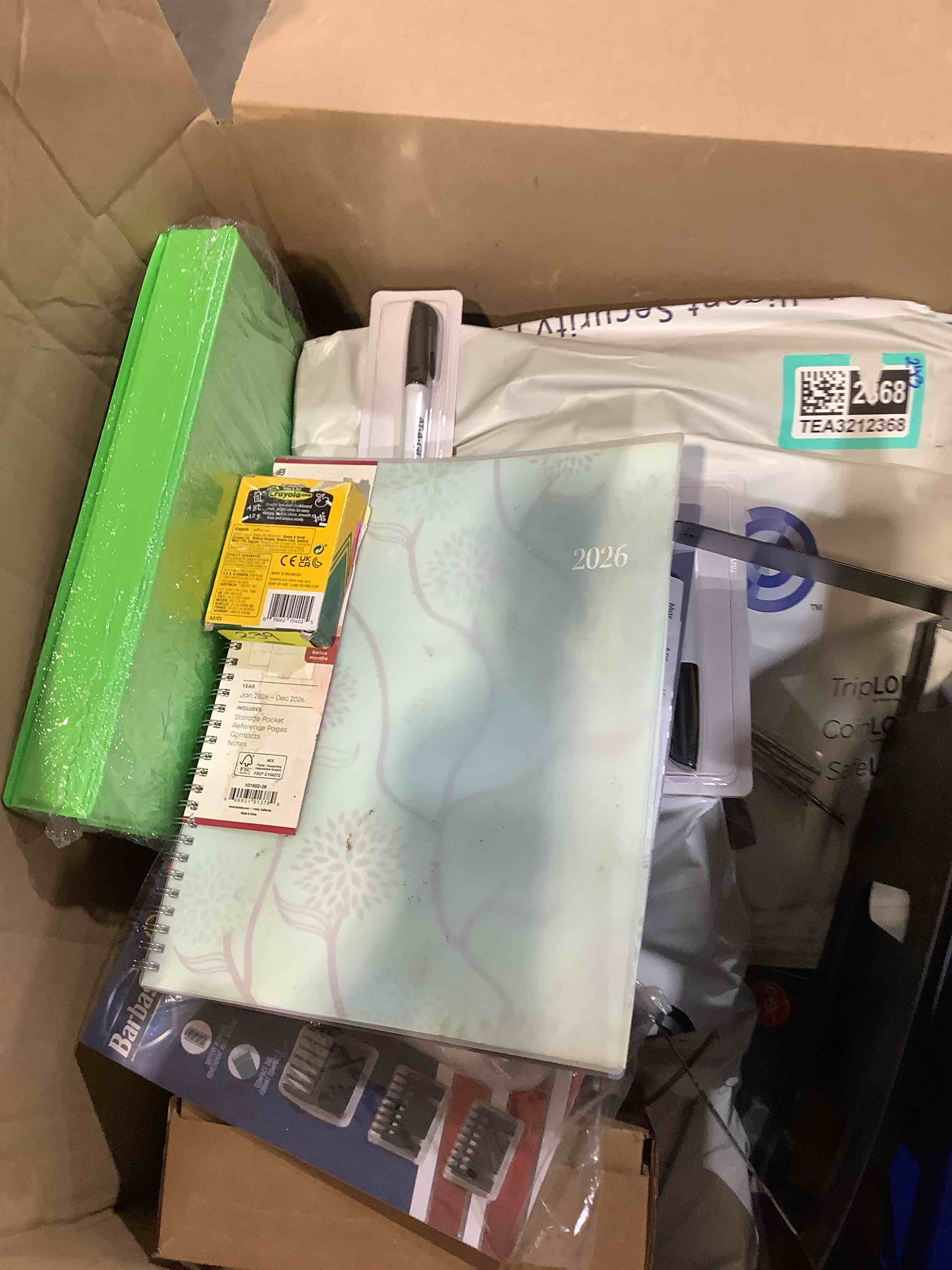 Condition photo showing Good Condition for large box lot:  green binders, crayola crayons, security bags, avery labels, black markers, toys, personal and household items and more