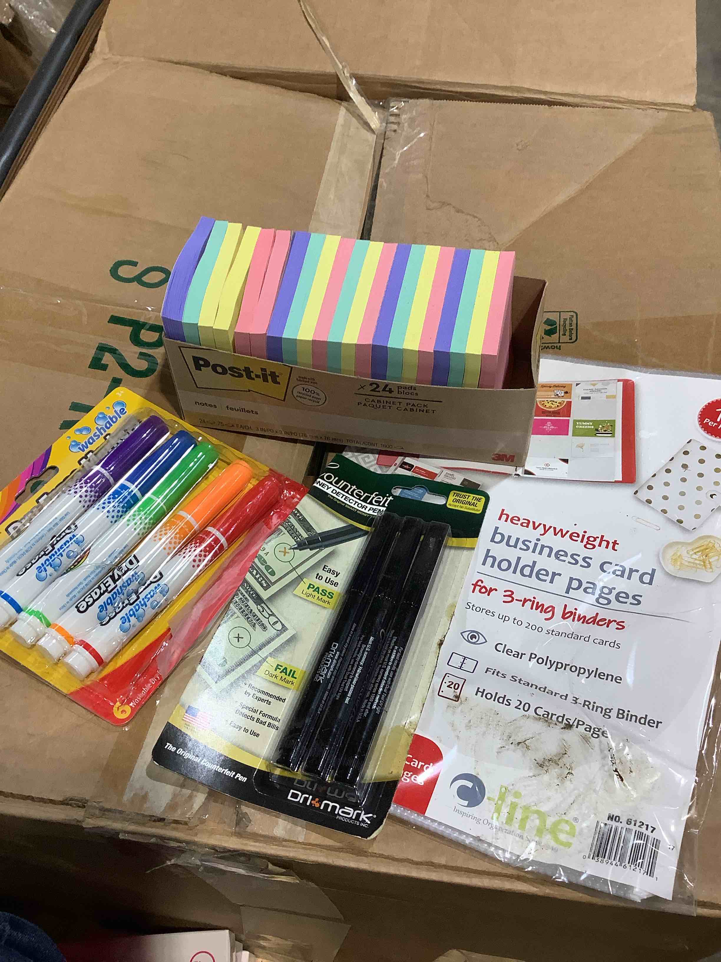 Assorted Office supplies: cra-z-art dry, eraser markers, Post-it notes, confederate pens, heavy weight business card holder pages