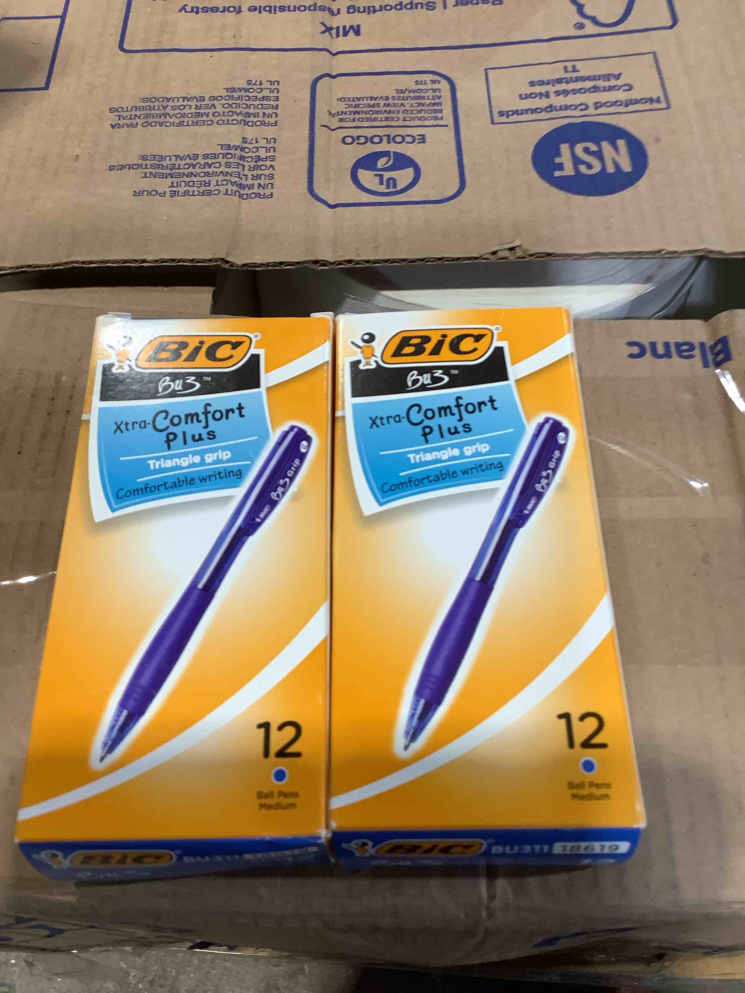 Condition photo showing New/Like New for bic® bu3 grip retractable ballpoint pens  medium point  1.0 mm  clear barrel  blue ink  pack of 12