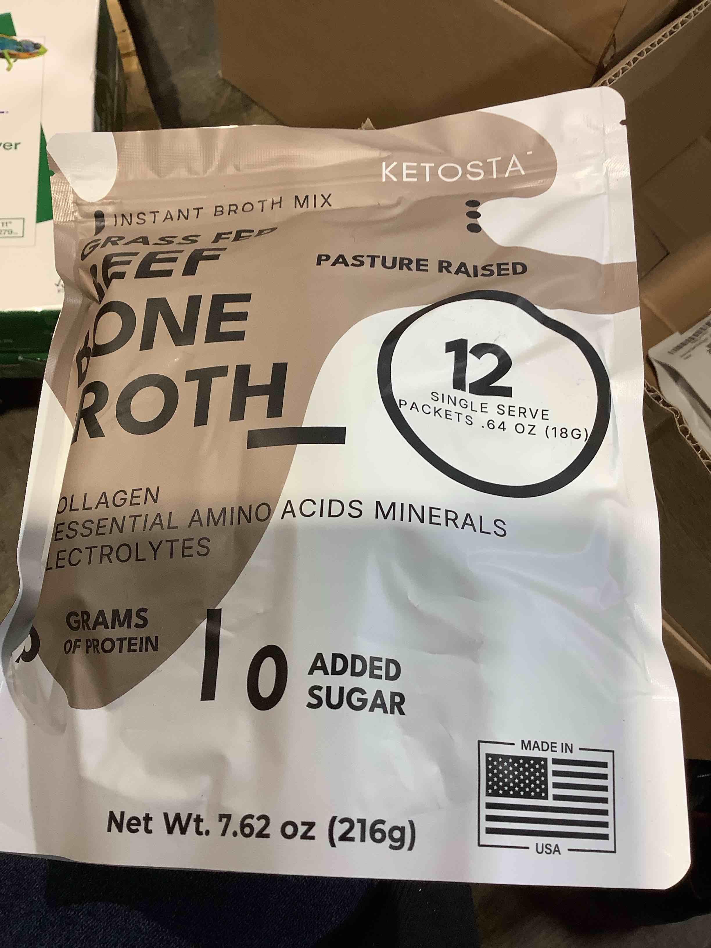 Condition photo showing New/Like New for ketosta instant broth mix, beef bone broth with 16 g of protein, best by 11/15/2027