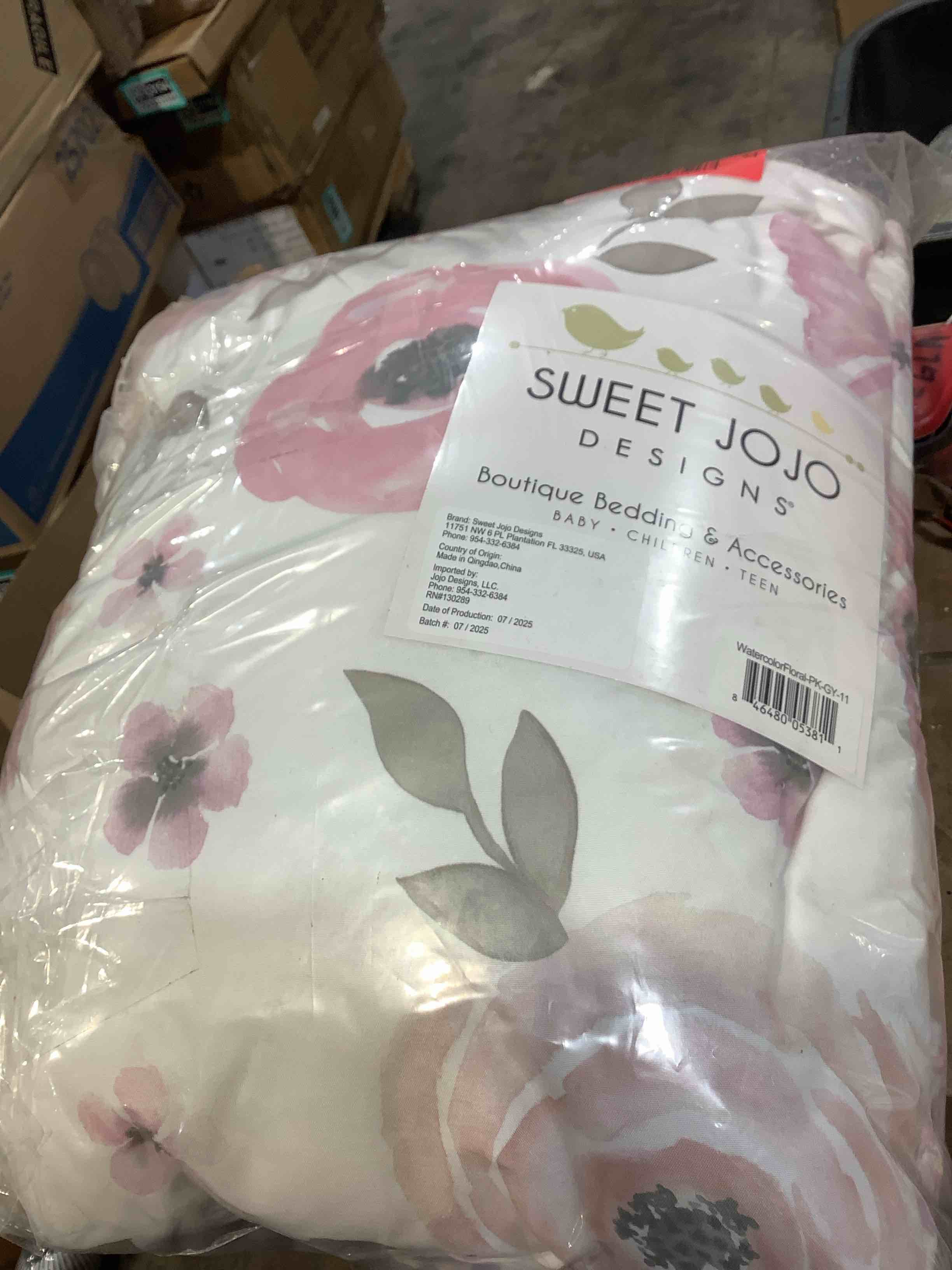 Condition photo showing New/Like New for sweet jojo designs watercolor floral pink grey and white 11 piece crib bedding set