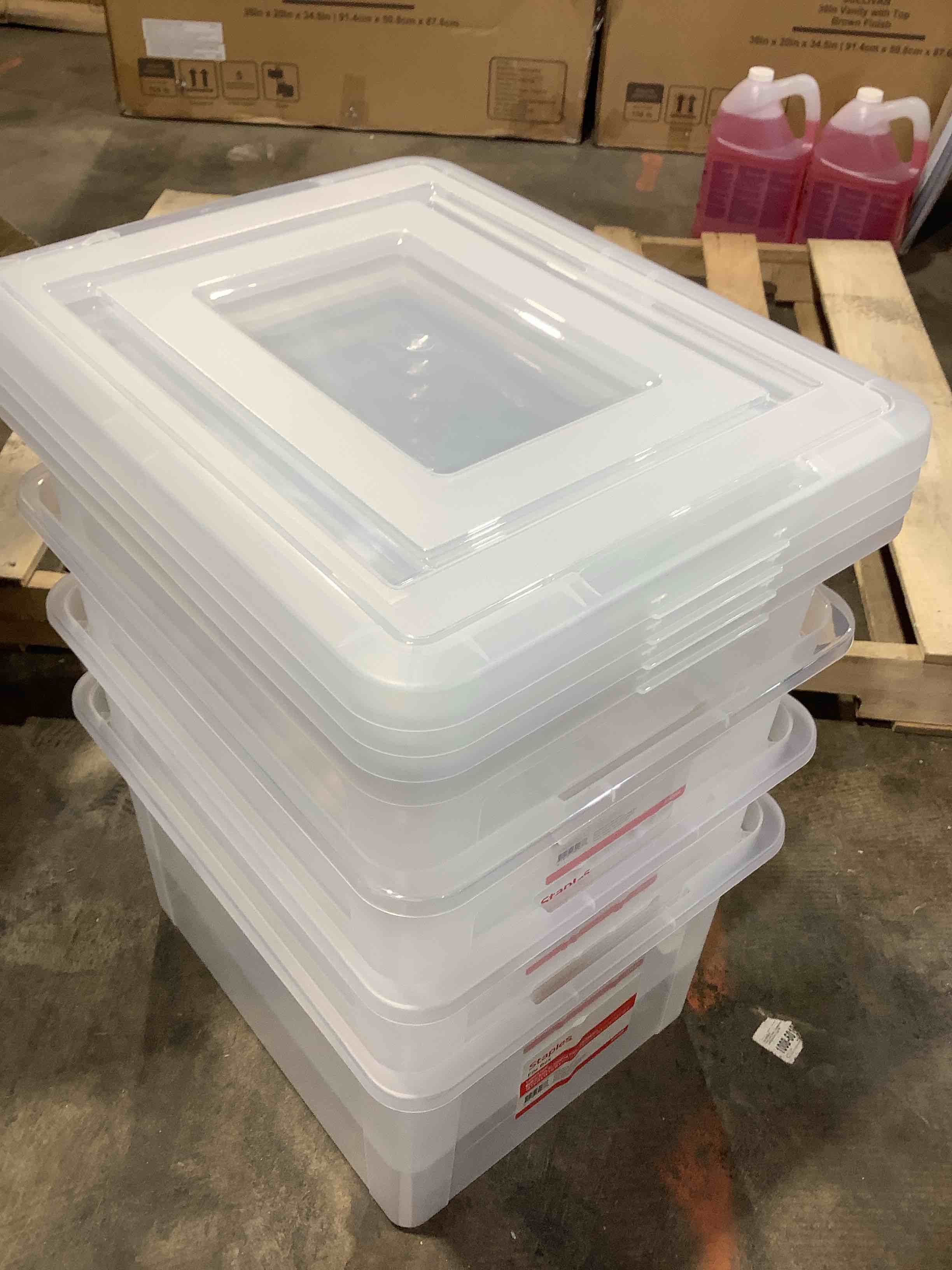 Condition photo showing Good Condition for staples file box plastic file box snap letter/legal size clear, 4 count