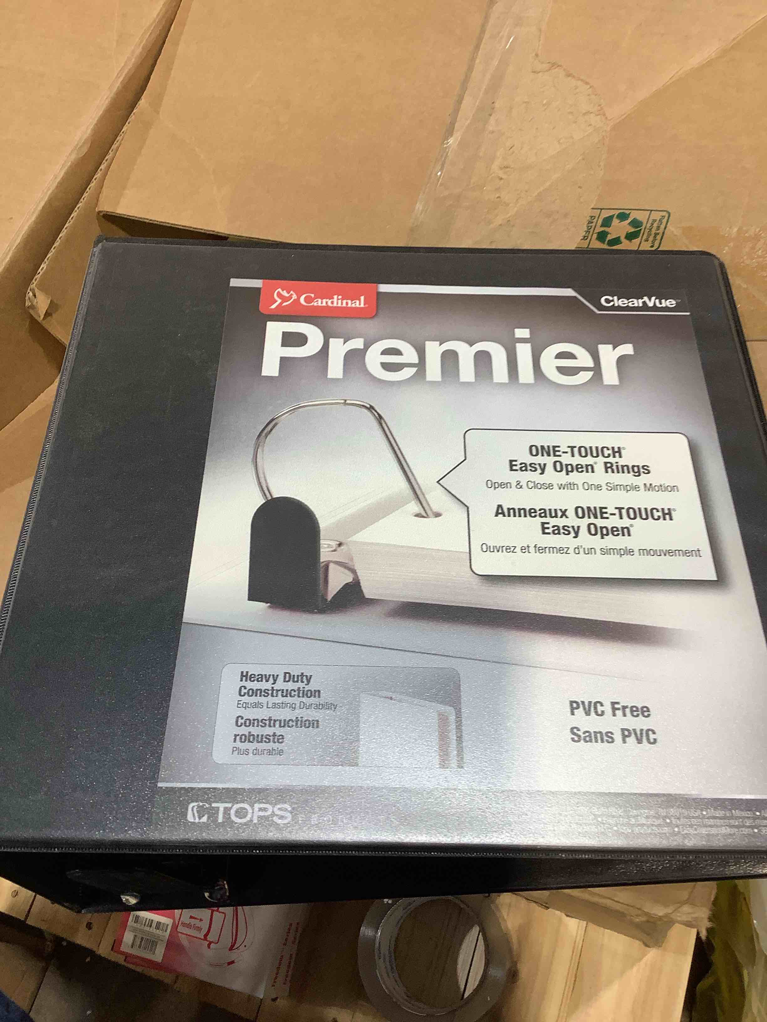 Condition photo showing New/Like New for cardinal 3 ring binder, binders for school and office, durable 4 inch premier easy open binder, one-touch locking slant-d rings, 880-sheet capacity, clearvue cover, pvc-free, black (10341)