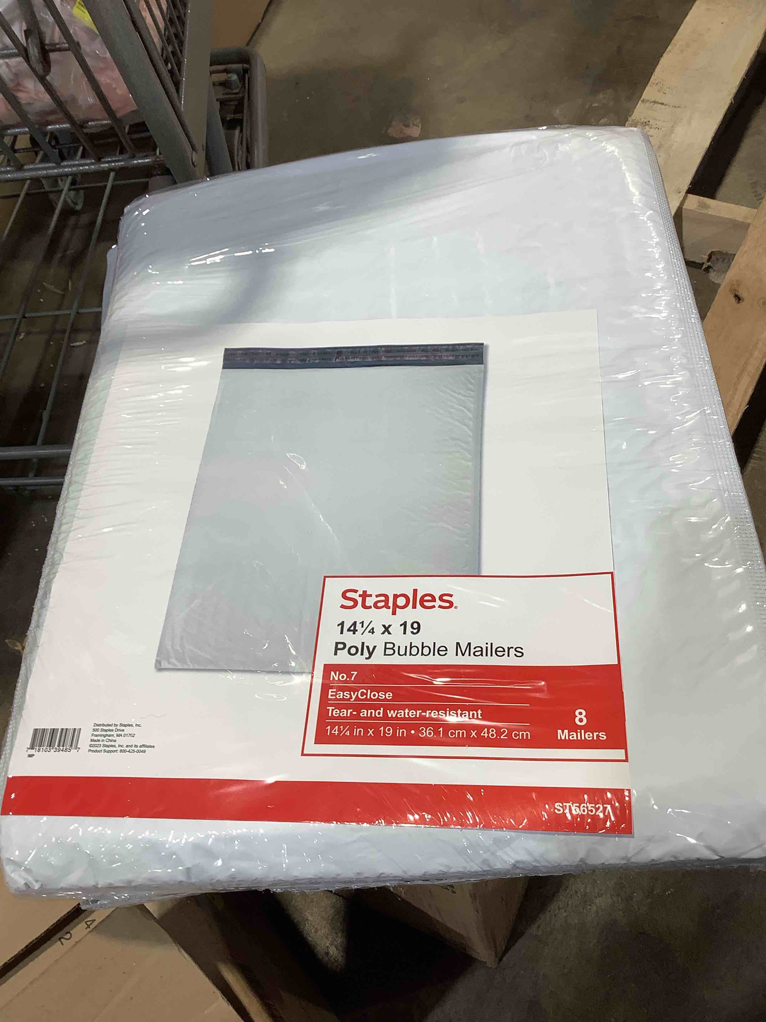 Condition photo showing New/Like New for staples 14 1/4" x 19" poly bubble mailers, easy clothes, tear and water resistance, eight count