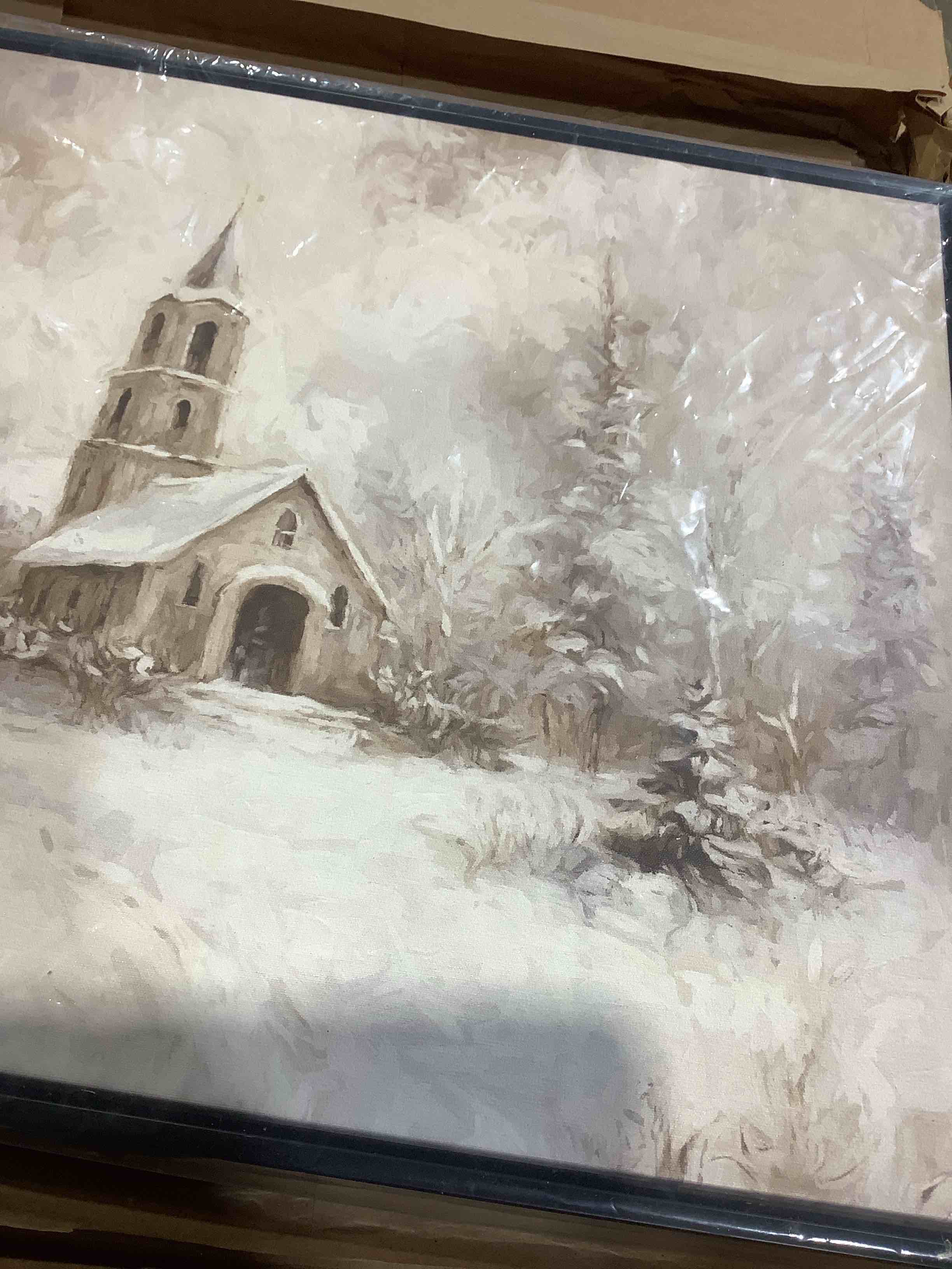 Condition photo showing New/Like New for beautiful rustic winter landscape country christmas, pine tree church canvas, 24" x 16"