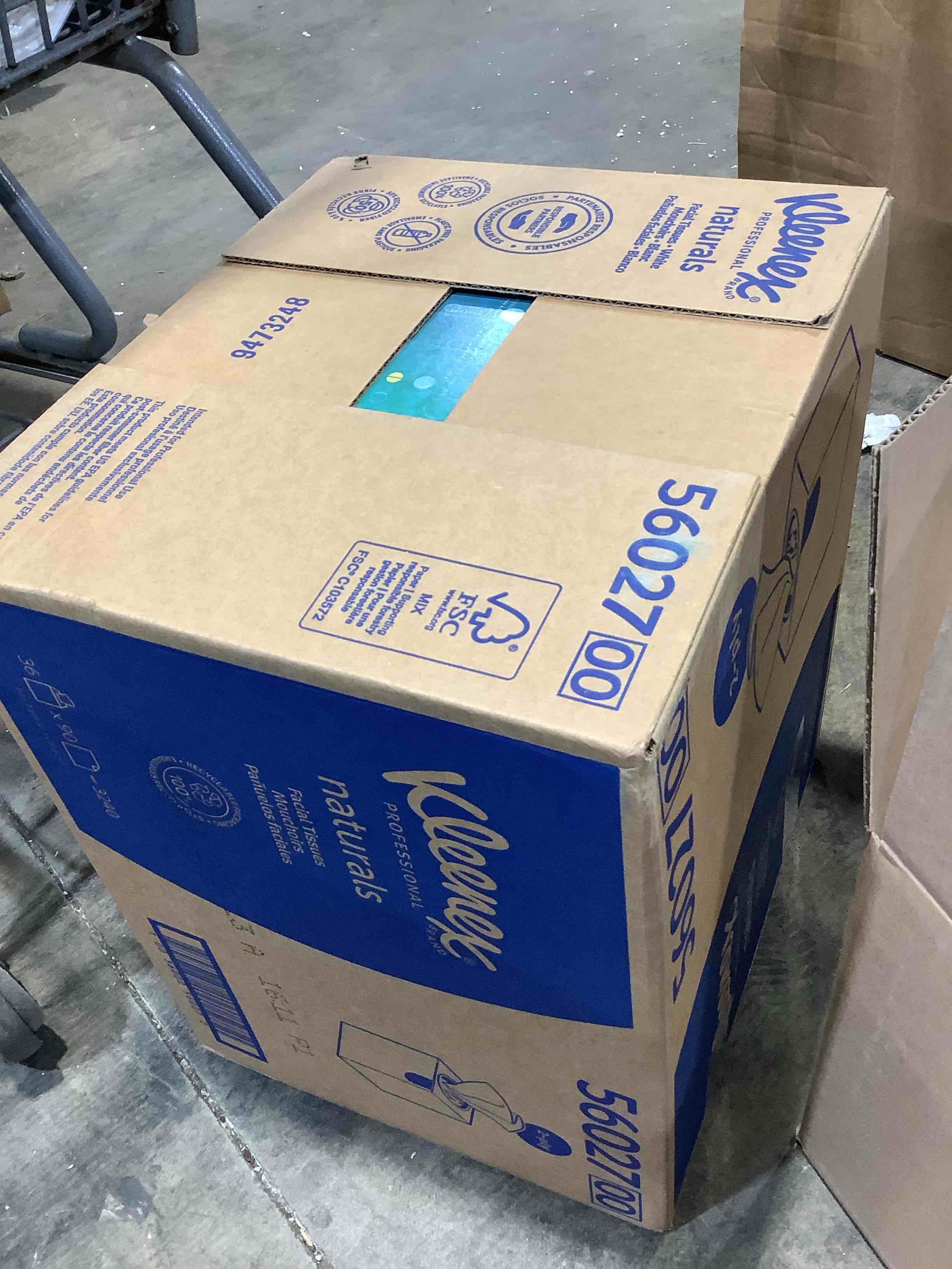Condition photo showing New/Like New for kleenex professional naturals facial tissue with plastic-free eco packaging, bulk (56027), 2-ply, white, upright cube boxed format, designed for business (90 tissues/box, 36 boxes, 3,240 sheets/case)