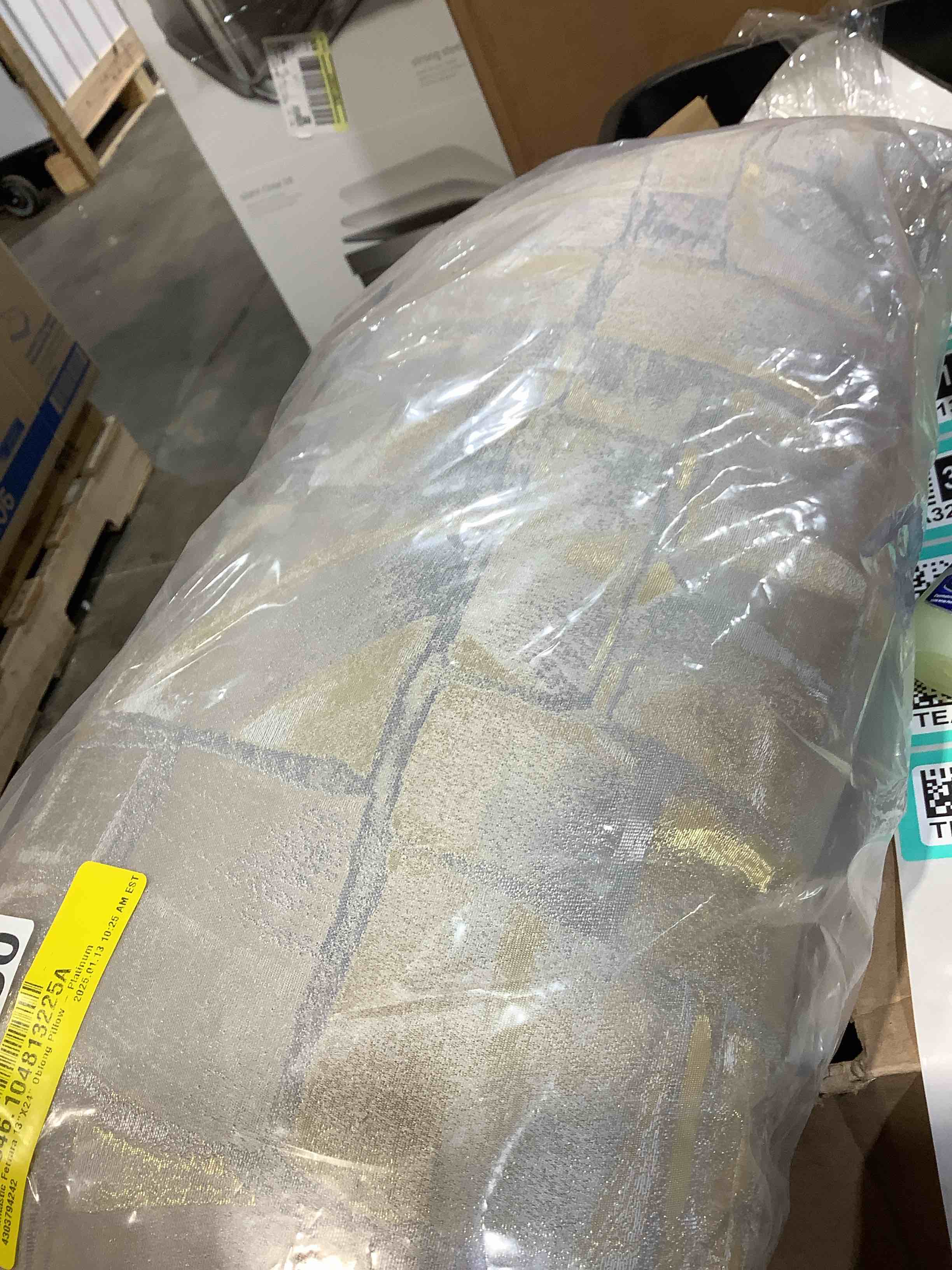 Condition photo showing New/Like New for glamtastic ferrara 13" x 24" gold, gray, oblong pillow platinum