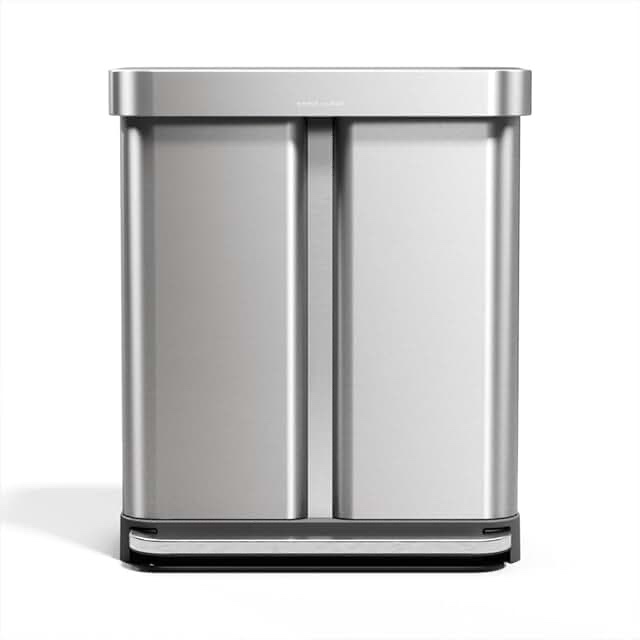 simplehuman 58 liter / 15.3 gallon rectangular hands-free dual compartment recycling kitchen step trash can with soft-close lid, brushed stainless steel