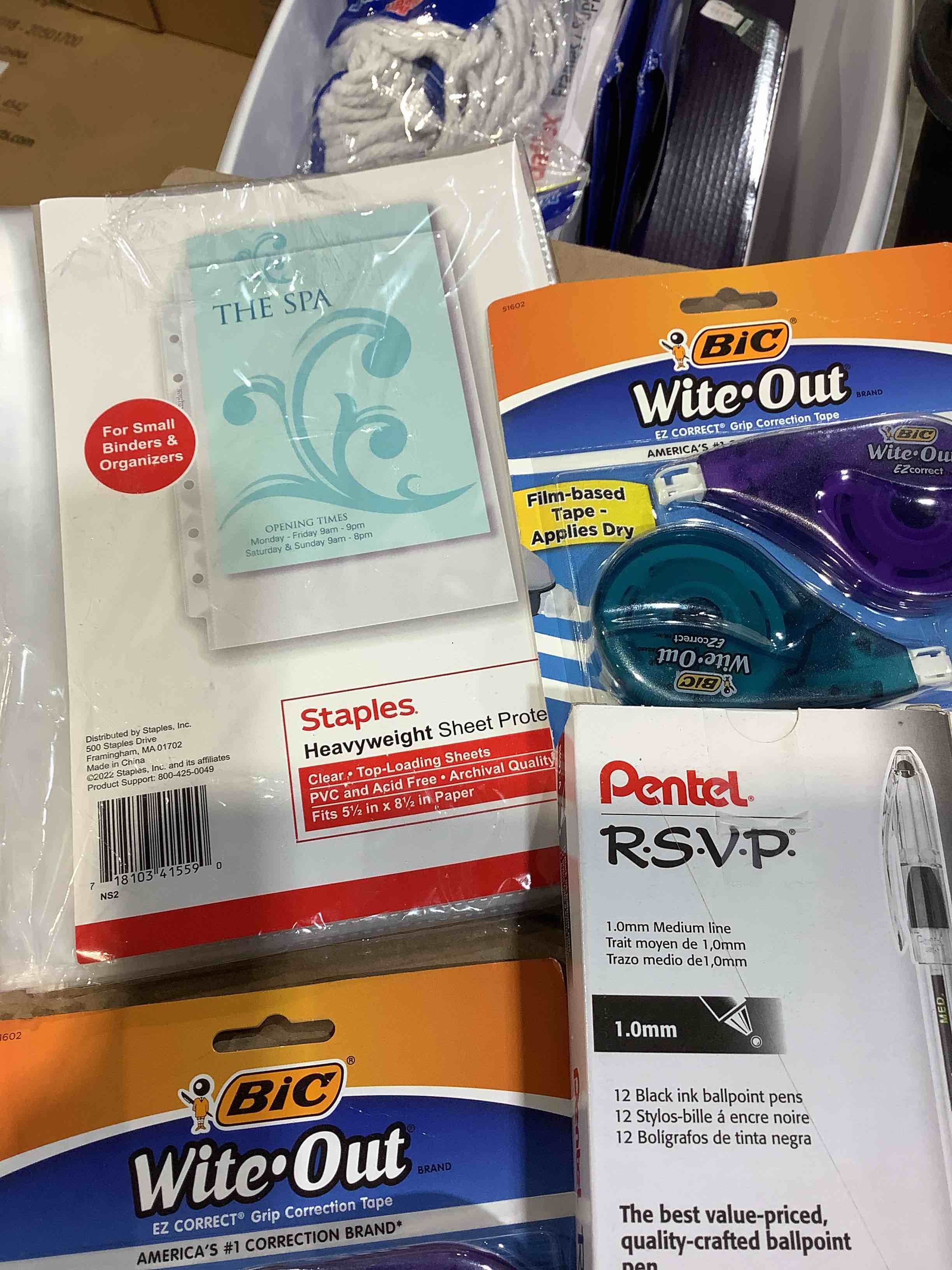 Condition photo showing Good Condition for assorted office supplies: 10 rsvp pens, papermate pens, bic white out, heavy duty sheet protector
