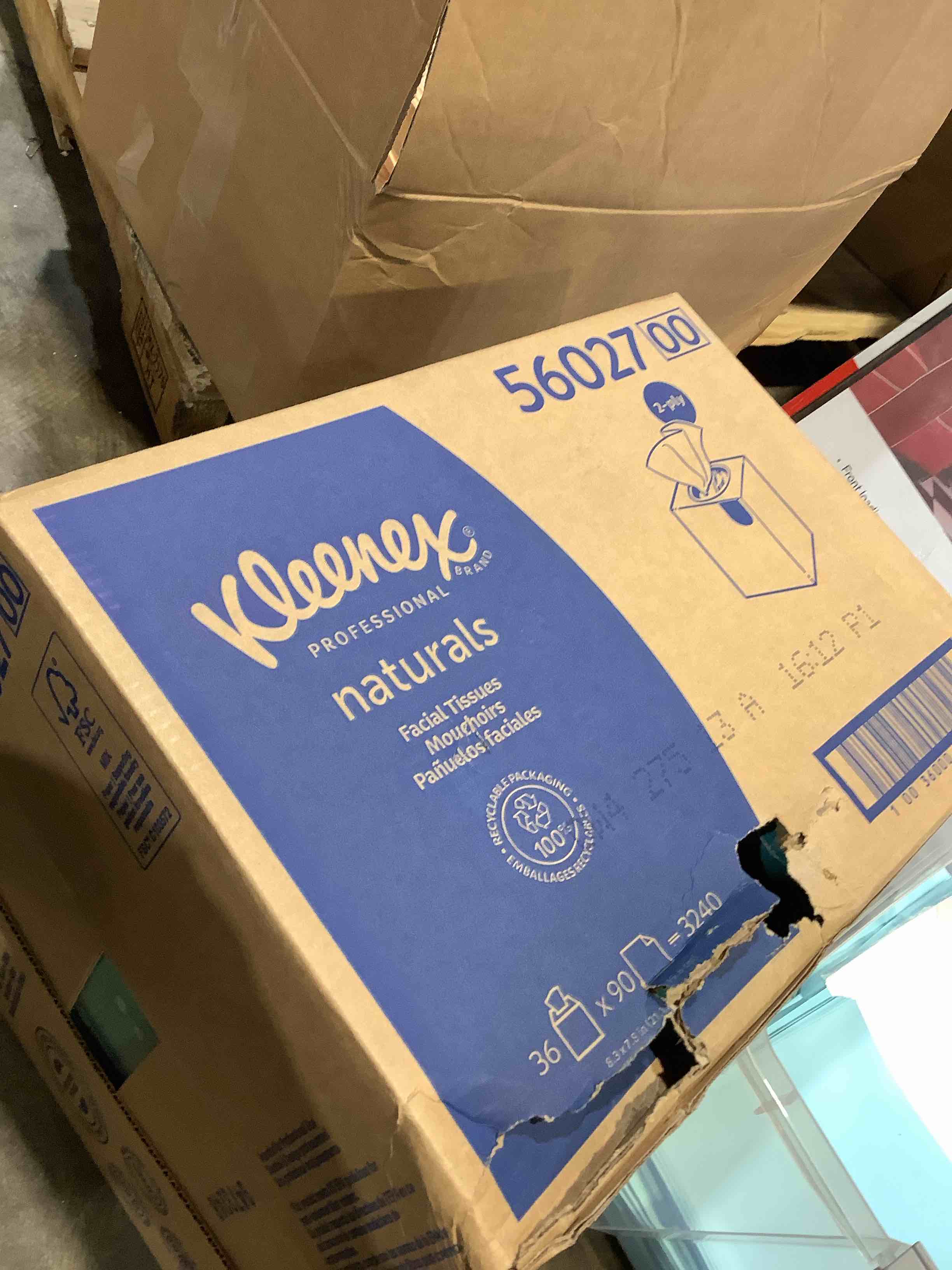 Condition photo showing Good Condition for kleenex professional naturals facial tissue with plastic-free eco packaging, bulk (56027), 2-ply, white, upright cube boxed format, designed for business (90 tissues/box, 36 boxes, 3,240 sheets/case)