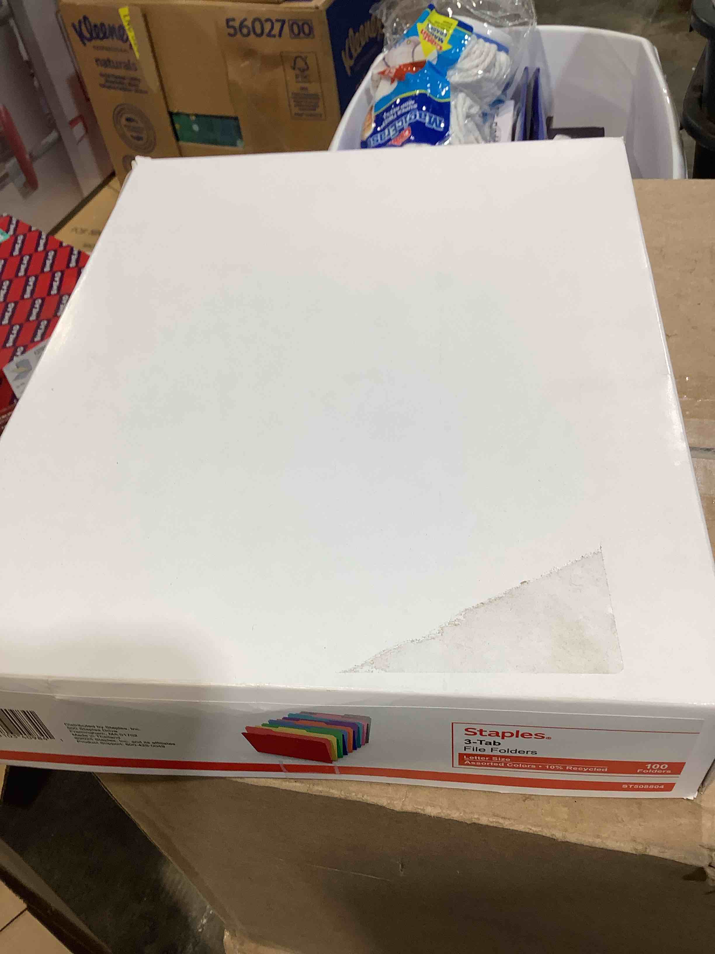 Condition photo showing New/Like New for staples file folders, letter size, 1/3?cut tabs, assorted colors, durable 10.5?point paper stock, 100/pack