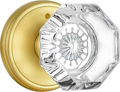 Gold Door Knob with Lock, Octagon Crystal Glass Door Knobs for Interior Door, Privacy Function Bathroom Bedroom Door Knobs Interior, Satin Brass Finish