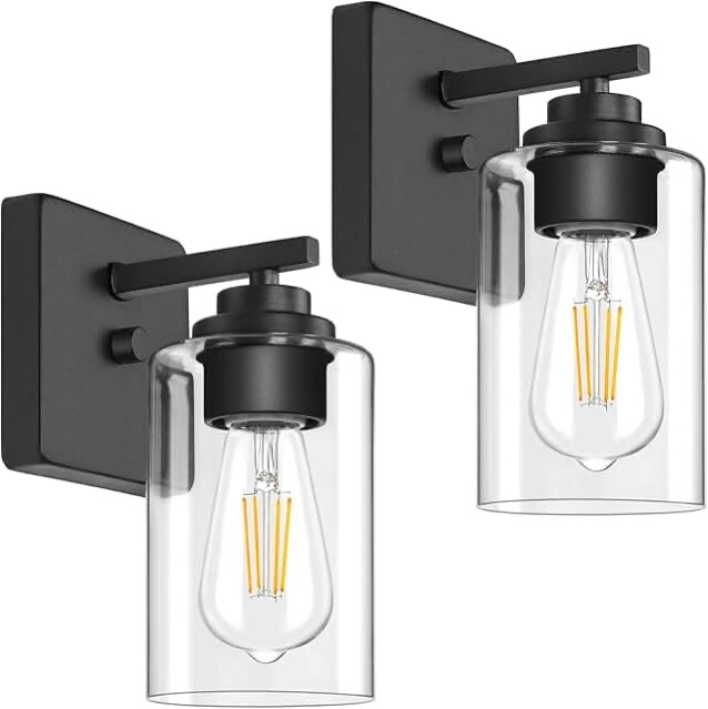 set of 2 wall sconces for bathroom, modern vanity light fixtures, matte black wall mount lighting lanterns, farmhouse wall lights with clear glass shade for bedroom living room mirror hallway kitchen
