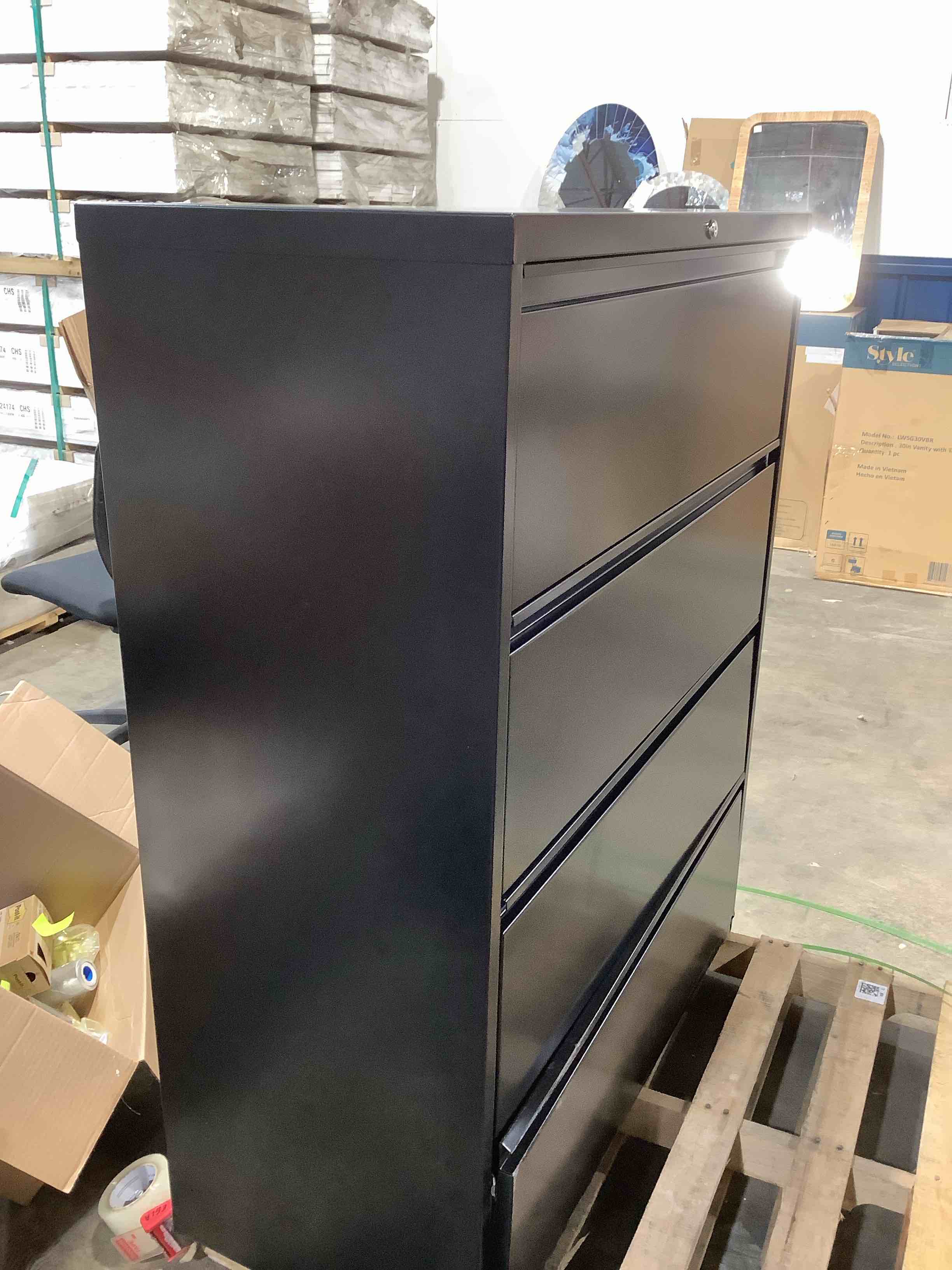 Condition photo showing Good Condition for four drawer 42 inch wide lateral filing cabinet black