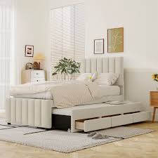 Upholstered Beige twin bed, incomplete 