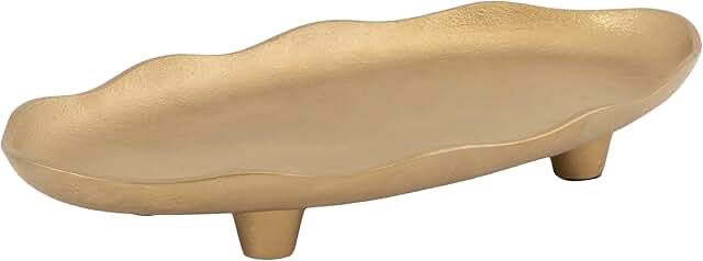 Modern Decorative Scalloped Oval Footed Metal Tray, 14 x 8, Gold, Transitional Food-Safe Cast Aluminum Pedestal Tray with Rough Texture and Deckled Edge