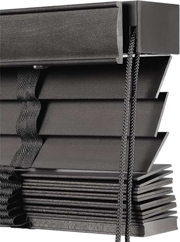 Faux Wood Blinds Seal gray 2.5 inch slats cordless darkening shades. 48 inch width 64 inch length.
