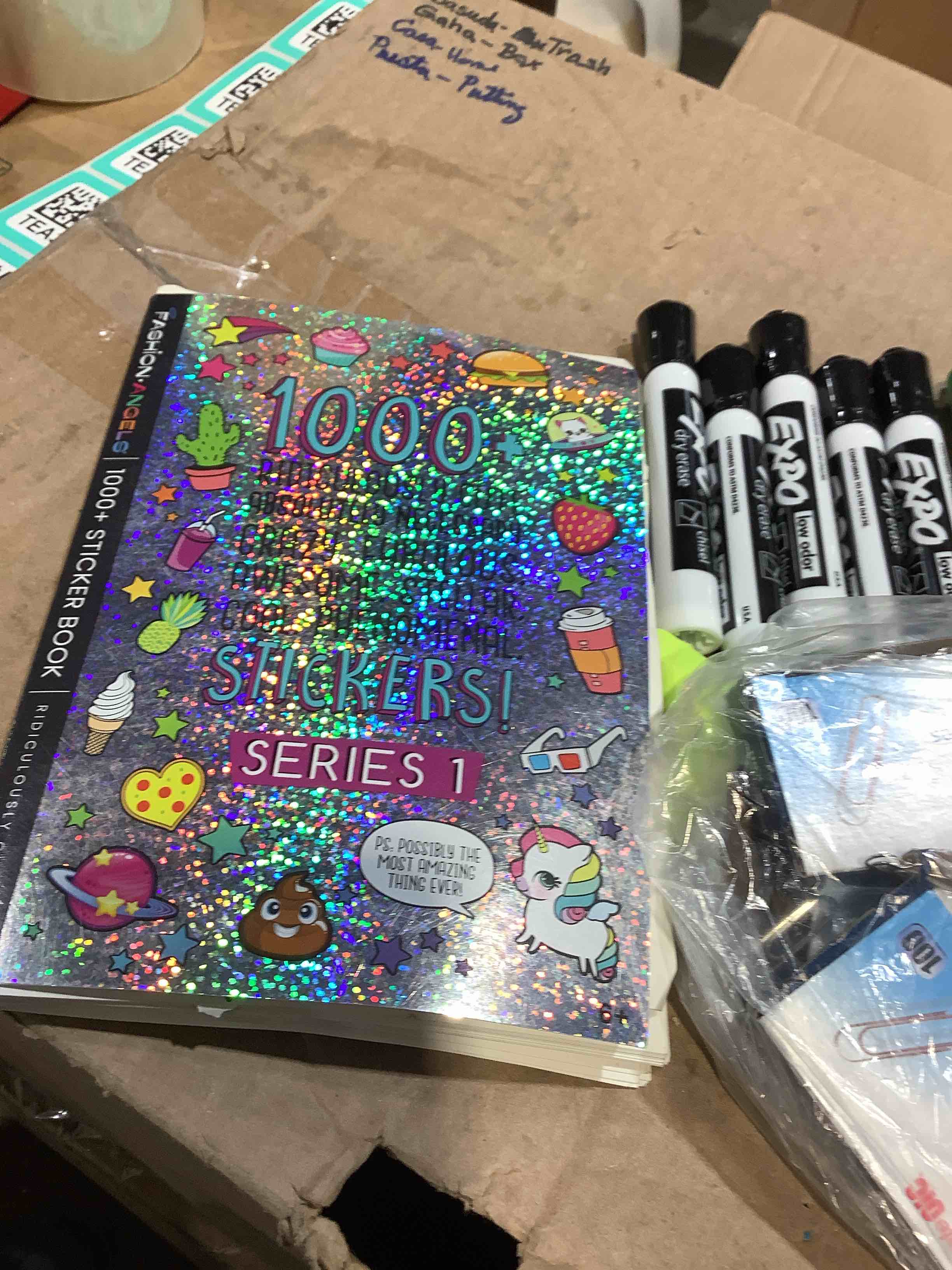 Condition photo showing Good Condition for assortment of office supplies: fun stickers for kids, post-it notes, expo dry markers, paper clips, and more